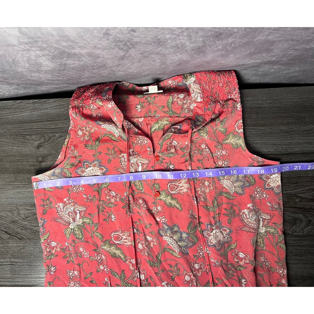 St. John's Bay Floral Coral Boho Sleeveless Blouse Tassel Tie Smocked Size Med - Picture 5 of 7